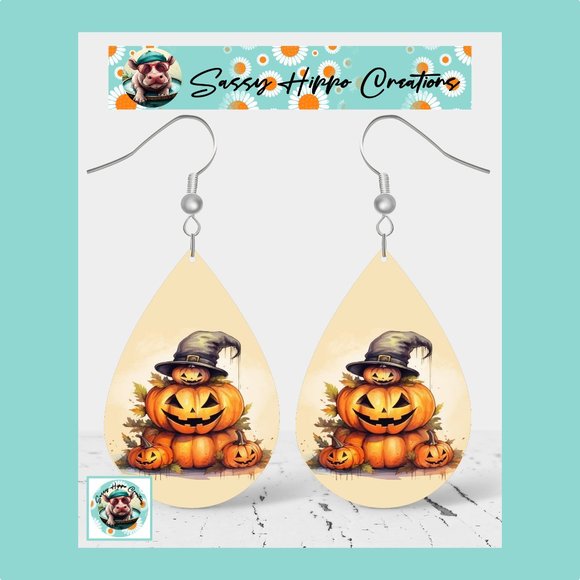 Earrings Jack O Lantern Pumpkin Witch Hat Spooky Halloween Hand Sublimated - Picture 1 of 4
